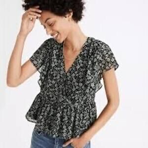 Madewell Women's Black/Green Floral Peplum Georgette V Neck Blouse Size‎ Medium